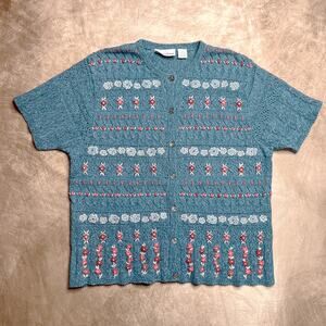 Vintage 90s TanJay Floral Embroidered Short Sleeve Sweater Blue Cottage Knit